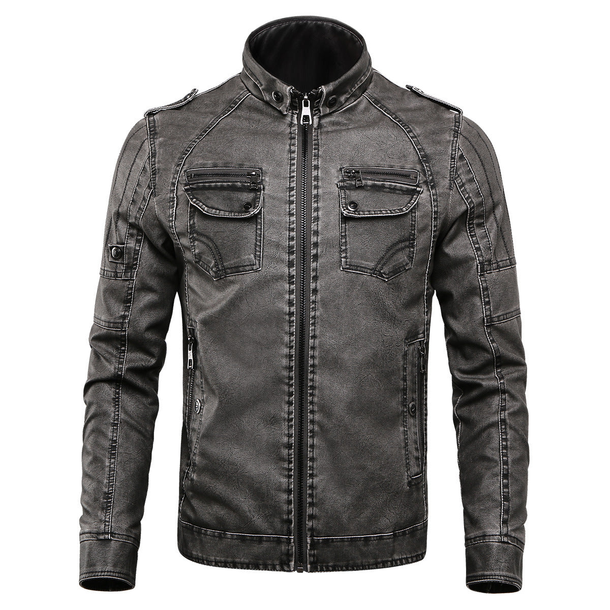 Men’s Biker Jacket – Structured Fit – Faux Leather – Zipped Cuffs – Multiple Pockets