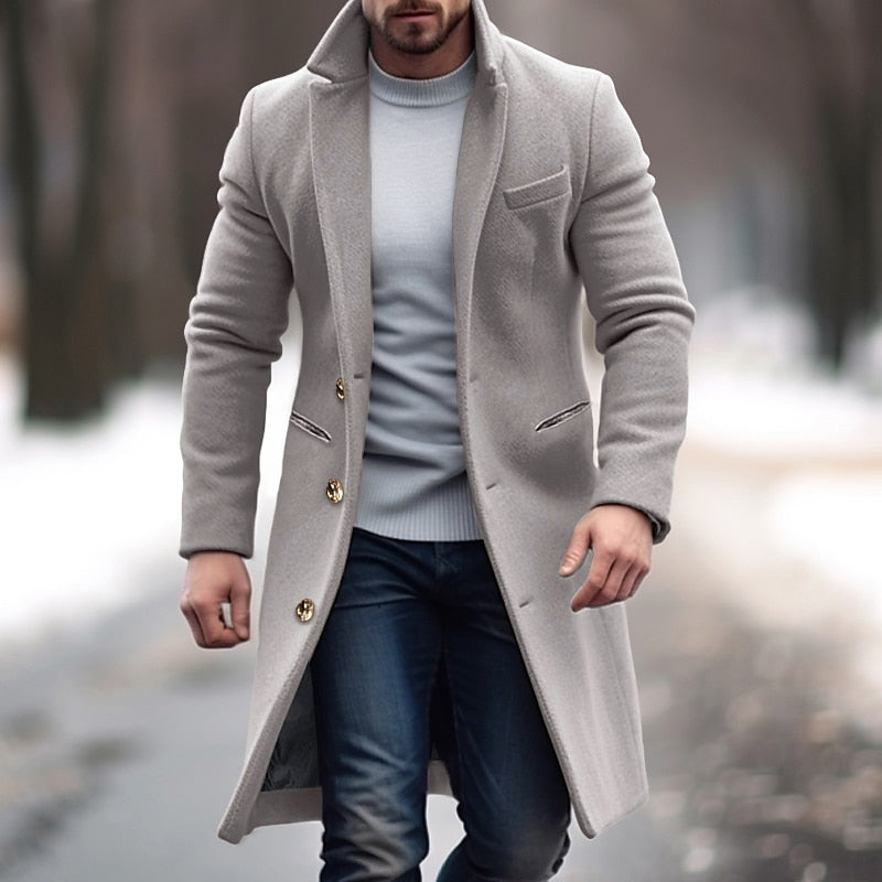 Men’s Overcoat - Wool Blend - Tailored Slim Fit - Notched Lapel - Button Up