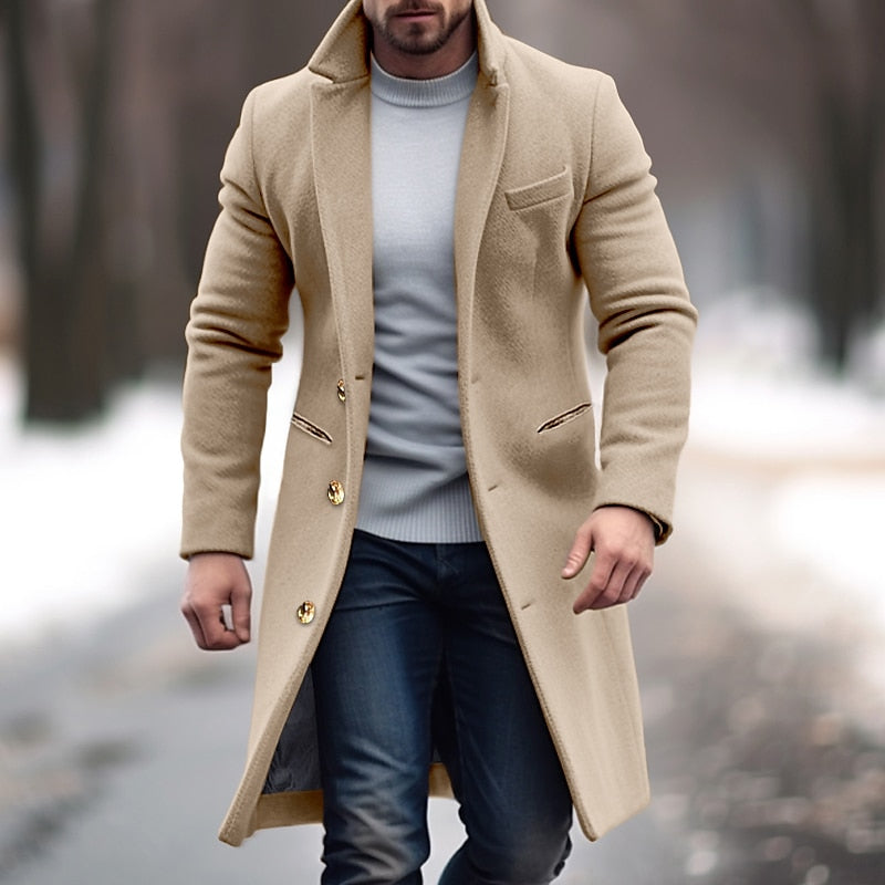 Men’s Overcoat - Wool Blend - Tailored Slim Fit - Notched Lapel - Button Up