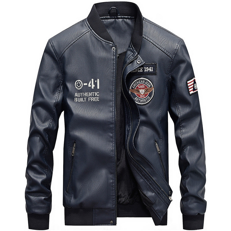 Men’s Leather Jacket – Slim Fit – Embroidered Patches – Baseball Collar – Zipper Front
