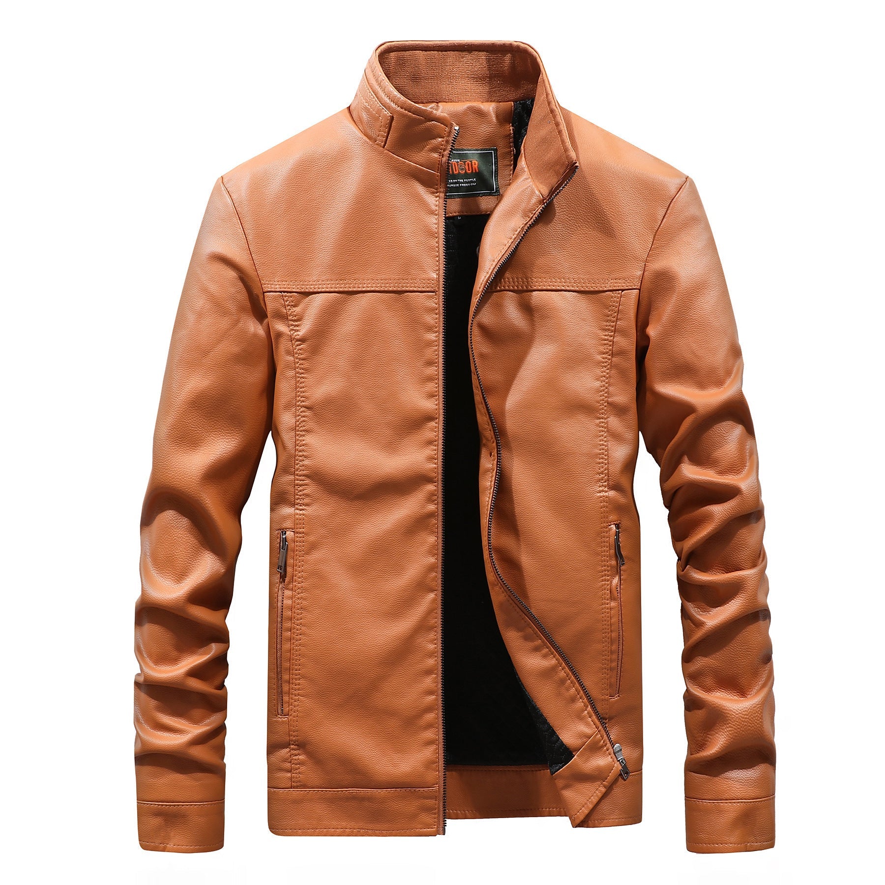 Men’s Motorcycle Jacket – Structured Fit – Stand-up Collar – Zippered Pockets – Leather Look