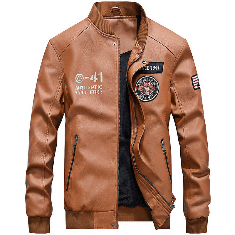 Men’s Leather Jacket – Slim Fit – Embroidered Patches – Baseball Collar – Zipper Front