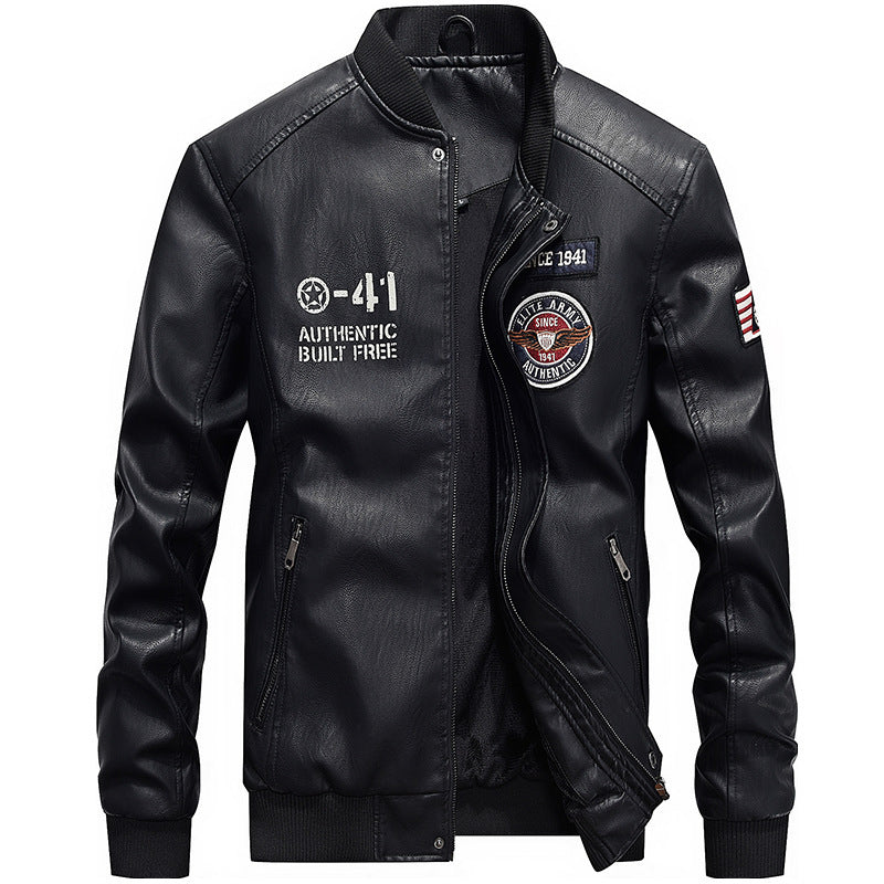 Men’s Leather Jacket – Slim Fit – Embroidered Patches – Baseball Collar – Zipper Front