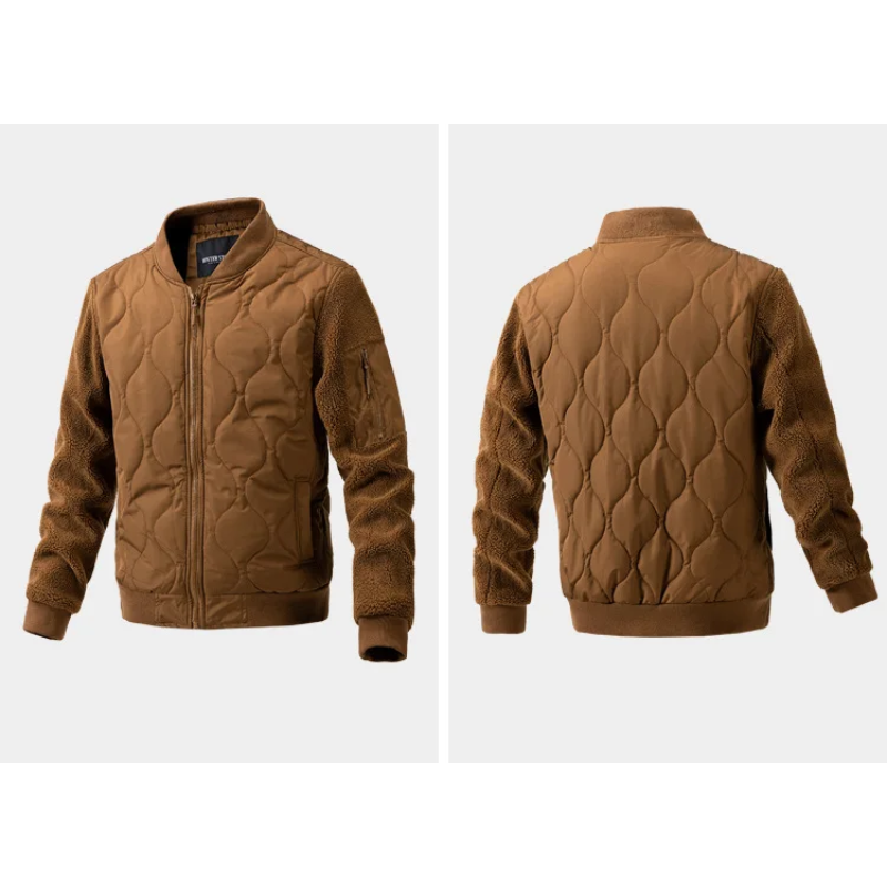 Men’s Quilted Jacket – Sherpa Sleeves – Ribbed Cuffs – Zipper Front – Hip Length Fit