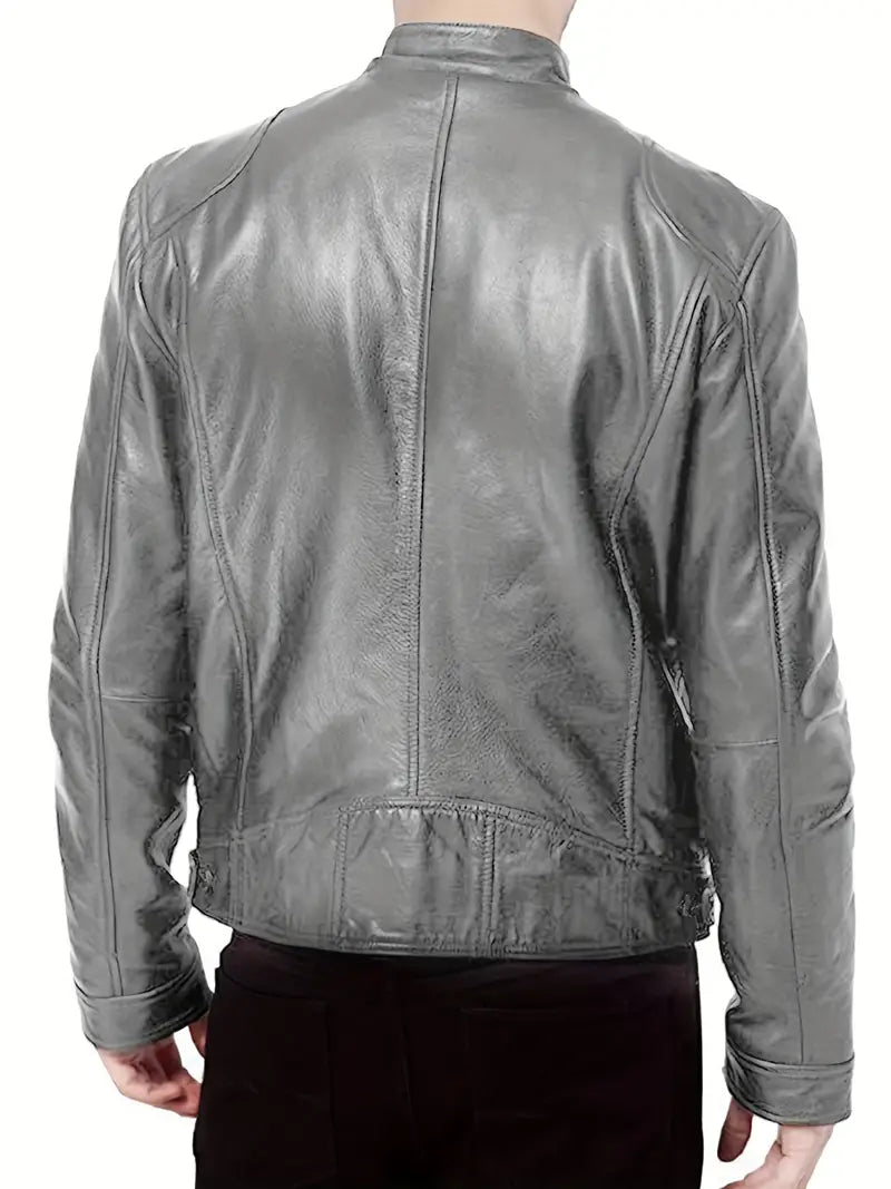 Men's Leather Jacket - Fitted Design - Stand Collar - Zip Closure - Stylish & Durable