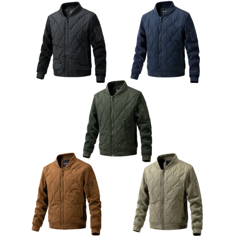 Men’s Quilted Jacket – Sherpa Sleeves – Ribbed Cuffs – Zipper Front – Hip Length Fit