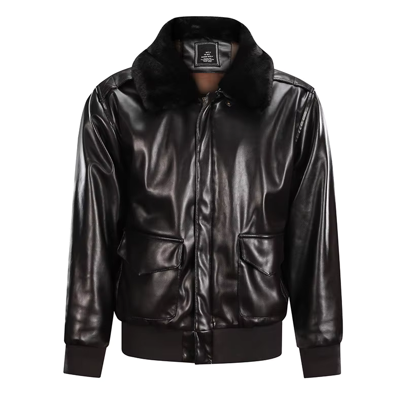 Men’s Leather Jacket – Regular Fit – Zip Closure – Ribbed Cuffs – Plush Collar