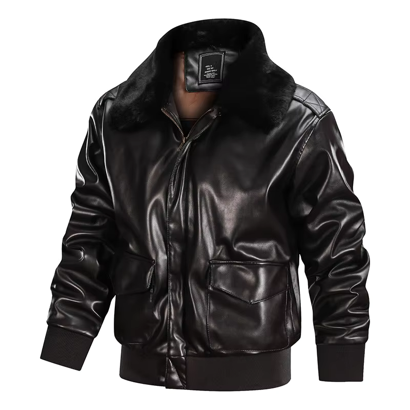 Men’s Leather Jacket – Regular Fit – Zip Closure – Ribbed Cuffs – Plush Collar