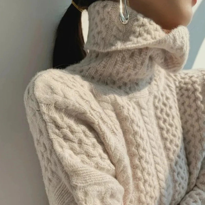 Women's Turtleneck Wool Sweater - Cable Knit - Relaxed Fit - Ribbed Cuffs & Hem