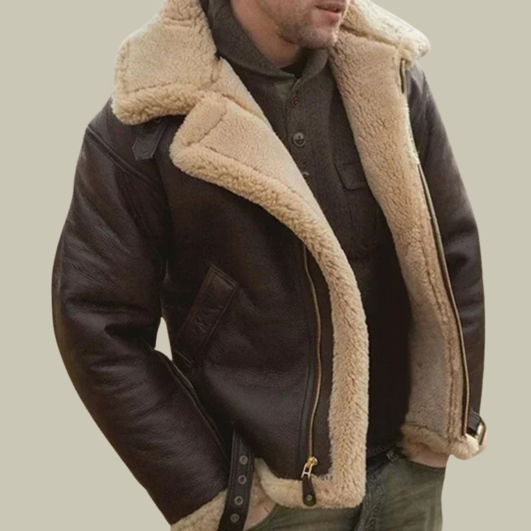 Men’s Pilot Jacket – Leather Look – Shearling Lined – Classic Aviator Fit