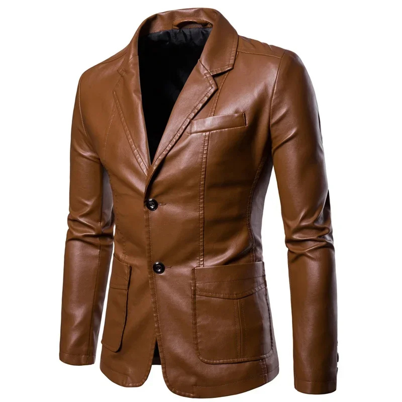 Men's Slim Fit Leather Jacket - Formal Two-Button Design, Stylish & Timeless