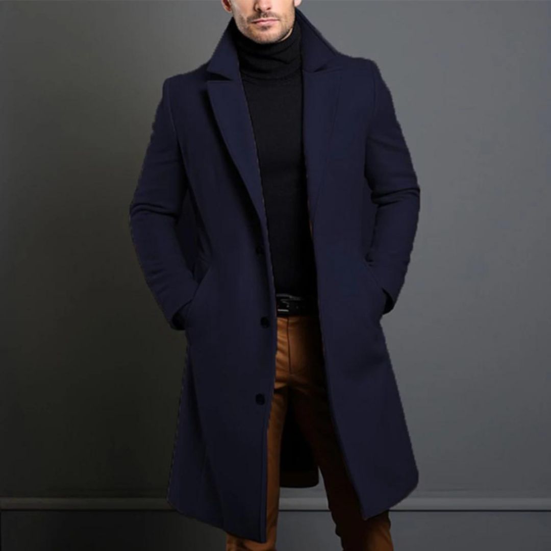 Men’s Trench Coat – Wool Blend – Tailored Fit – Lapel Collar – Full Length Formal Wear