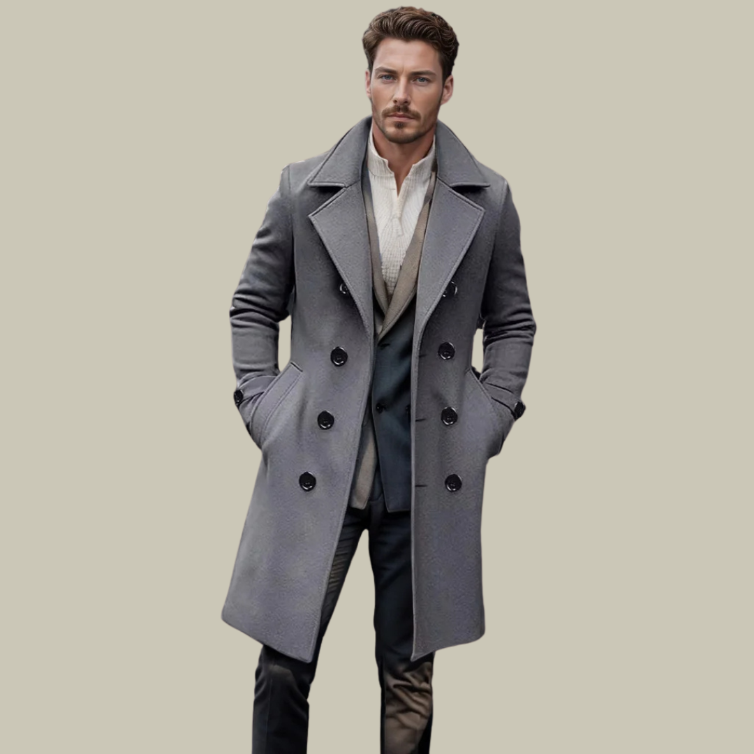 Men’s Long Coat – Wool Blend – Single Breasted – Tailored Fit – Formal Elegant Style