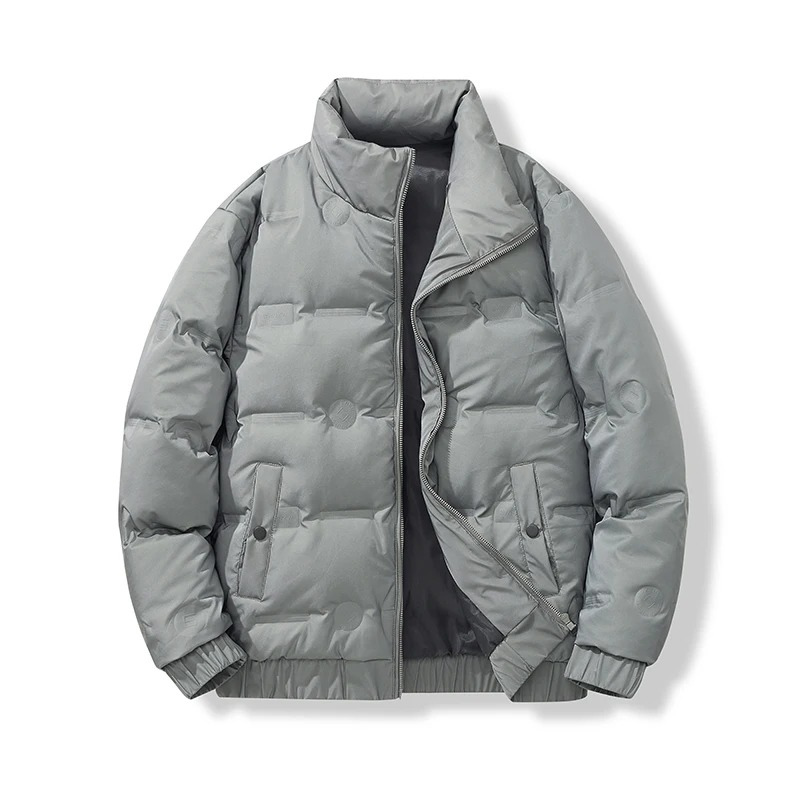 Men’s Puffer Jacket – Quilted Stand Collar – Ribbed Cuffs – Zipper Front Closure
