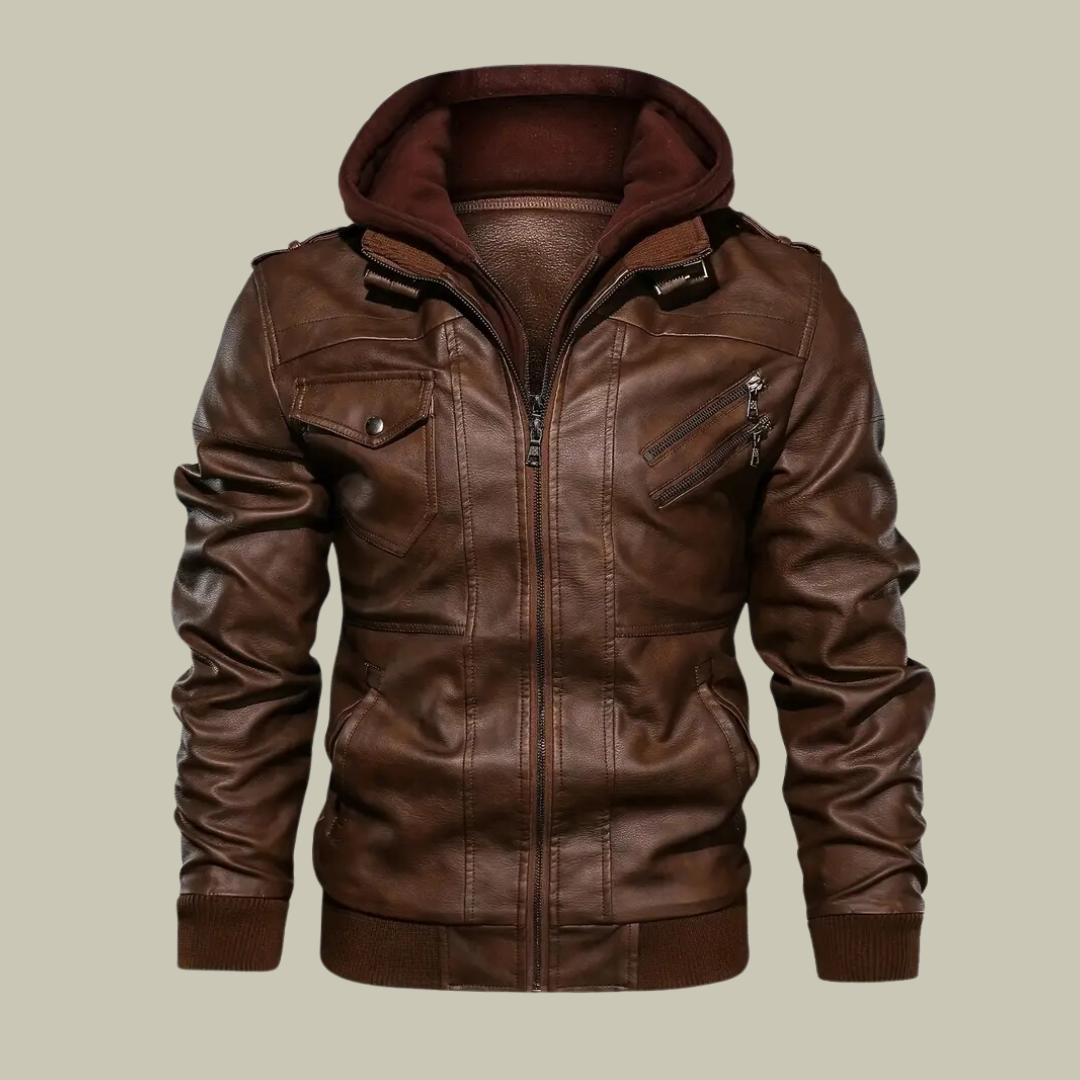 Men’s Leather Hoodie Jacket – Full Zip – Structured Fit – Ribbed Waist – Epaulettes