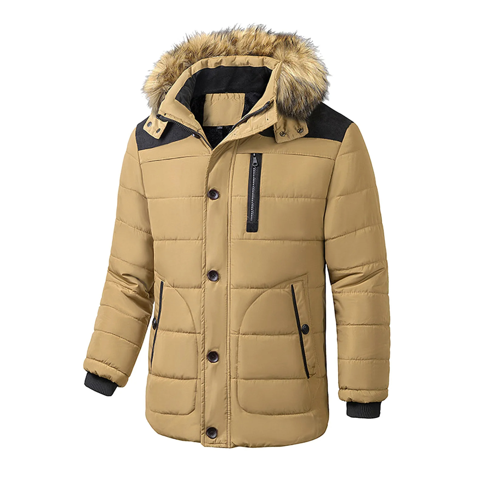 Men’s Parka Jacket – Water-Resistant Mid-Length – Faux Fur Hood – Zip Fastening