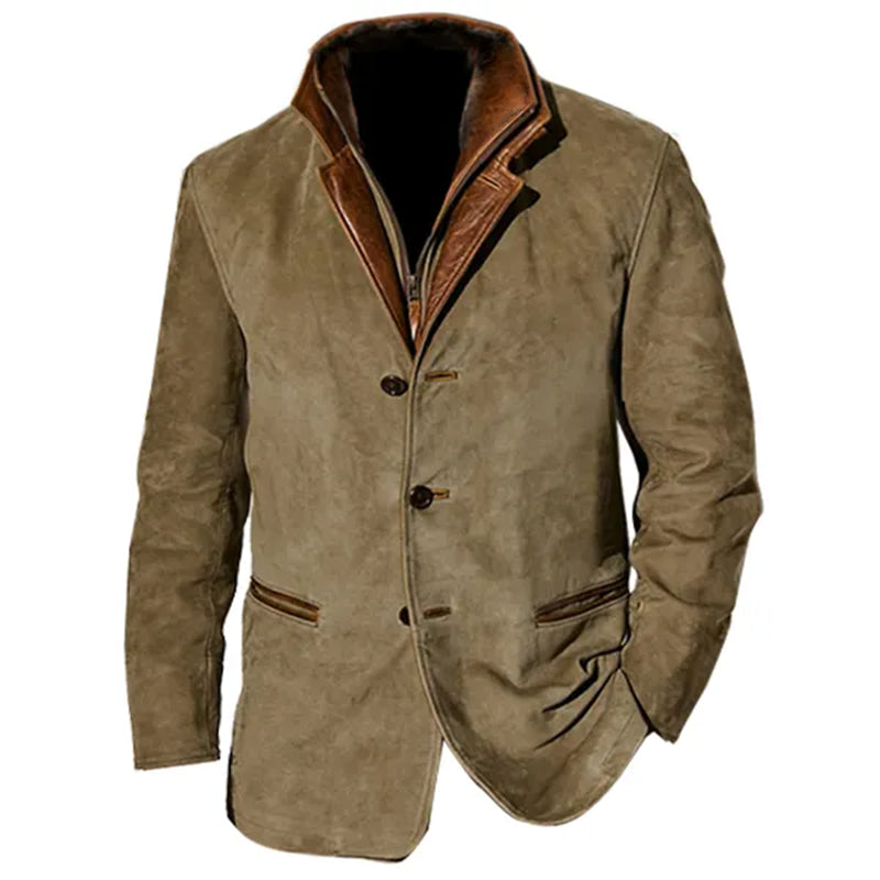 Men’s Suede Jacket – Structured Fit – Leather Trim – Classic Notched Lapel Design
