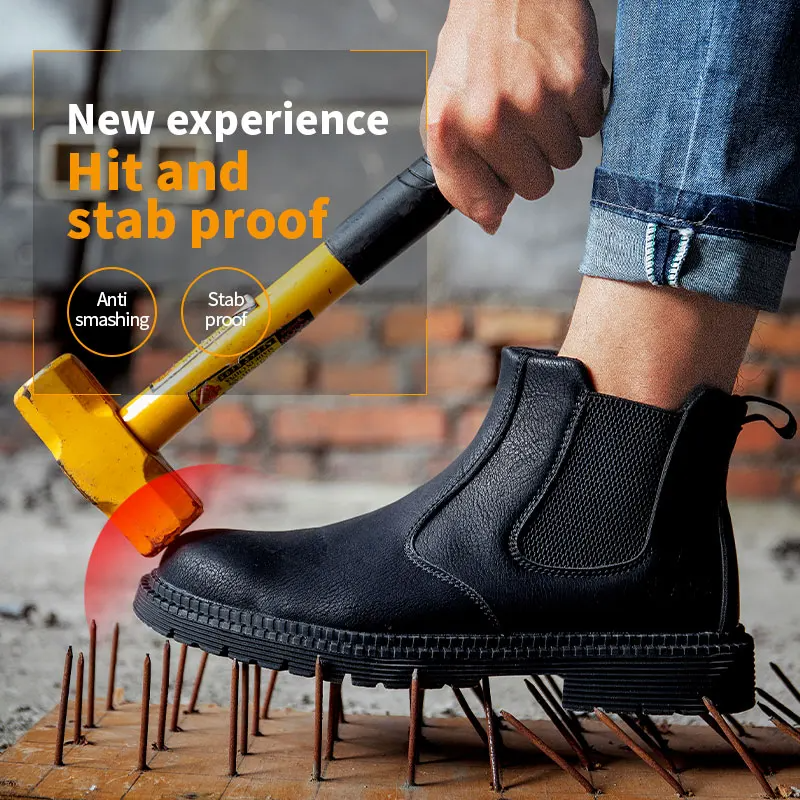 Men’s Chelsea Safety Boots - Leather - Slip-On - Elastic Side Panels - Durable Sole