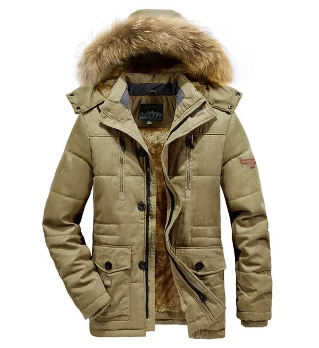 Men’s Parka Jacket - Quilted Insulated - Detachable Fur Hood - Multiple Pockets