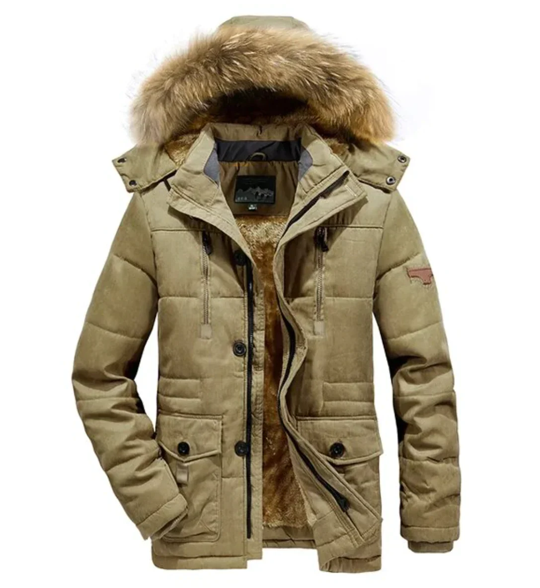 Men’s Parka Jacket - Quilted Insulated - Detachable Fur Hood - Multiple Pockets