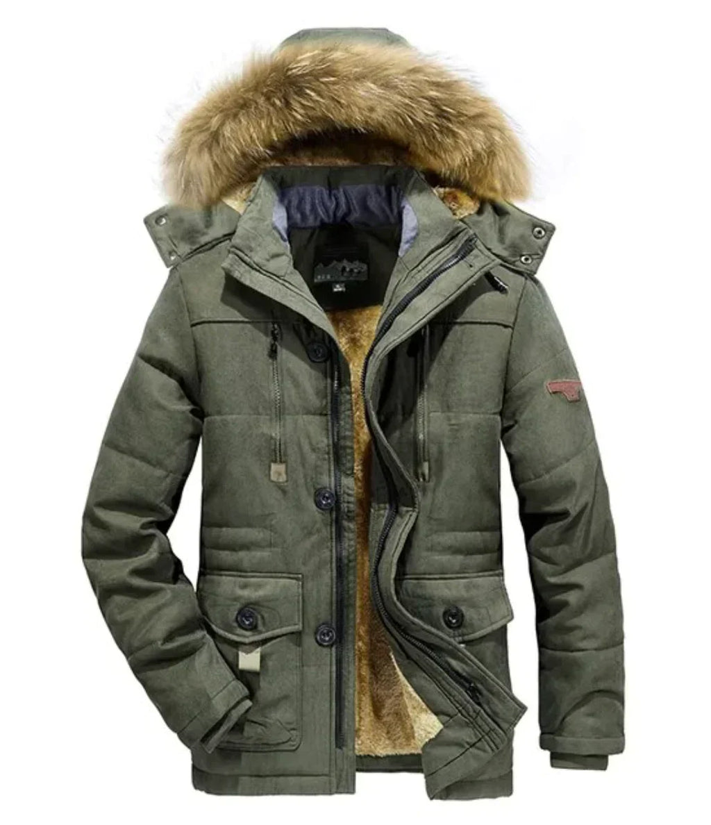 Men’s Parka Jacket - Quilted Insulated - Detachable Fur Hood - Multiple Pockets