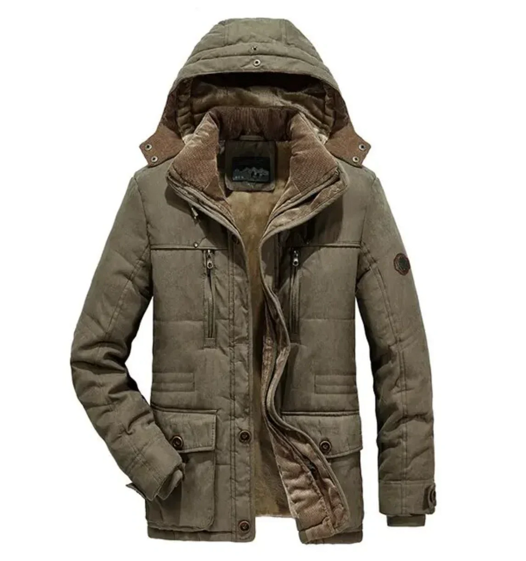 Men’s Parka Jacket - Quilted Insulated - Detachable Fur Hood - Multiple Pockets