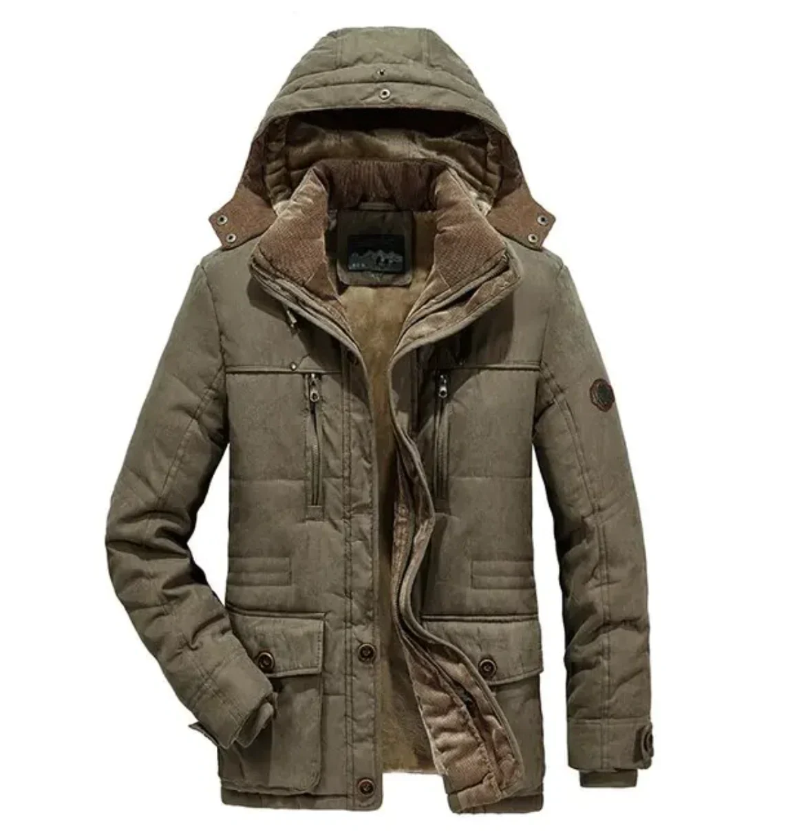Men’s Parka Jacket - Quilted Insulated - Detachable Fur Hood - Multiple Pockets