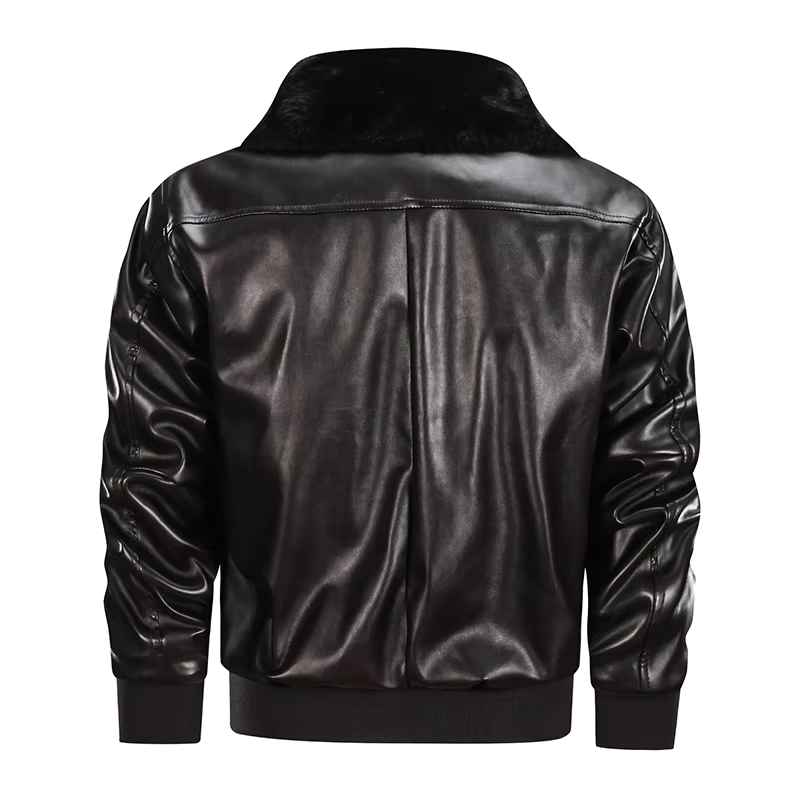 Men’s Leather Jacket – Regular Fit – Zip Closure – Ribbed Cuffs – Plush Collar