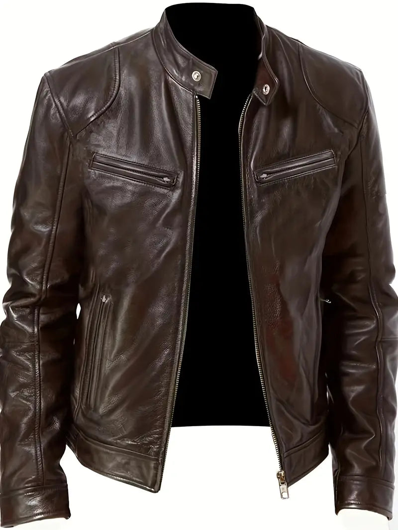 Men's Leather Jacket - Fitted Design - Stand Collar - Zip Closure - Stylish & Durable