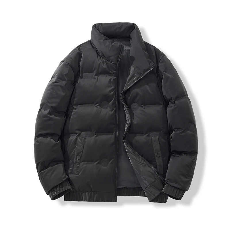 Men’s Puffer Jacket – Quilted Stand Collar – Ribbed Cuffs – Zipper Front Closure