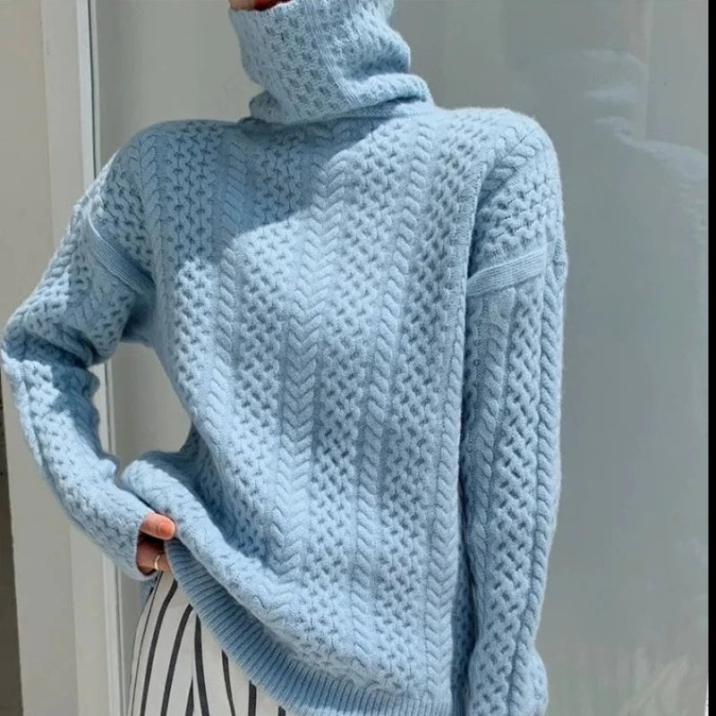 Women's Turtleneck Wool Sweater - Cable Knit - Relaxed Fit - Ribbed Cuffs & Hem