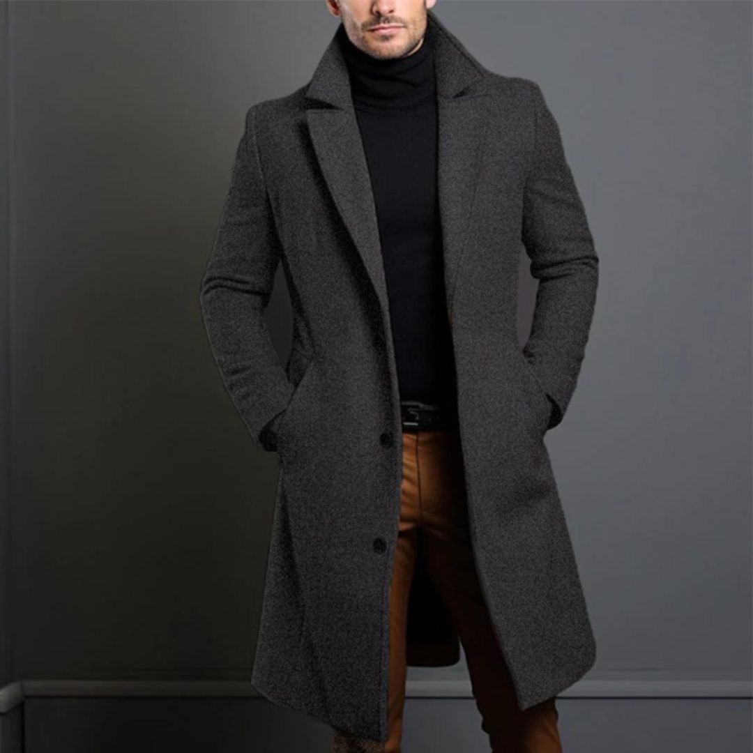 Men’s Trench Coat – Wool Blend – Tailored Fit – Lapel Collar – Full Length Formal Wear