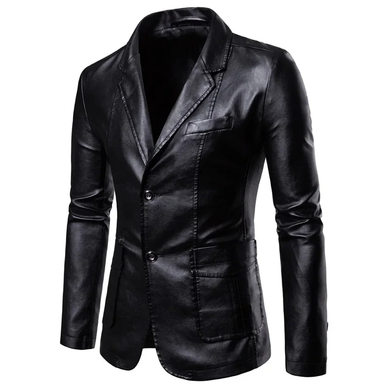 Men's Slim Fit Leather Jacket - Formal Two-Button Design, Stylish & Timeless