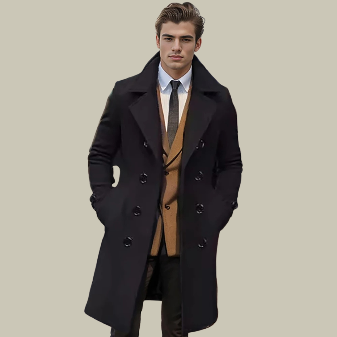 Men’s Long Coat – Wool Blend – Single Breasted – Tailored Fit – Formal Elegant Style