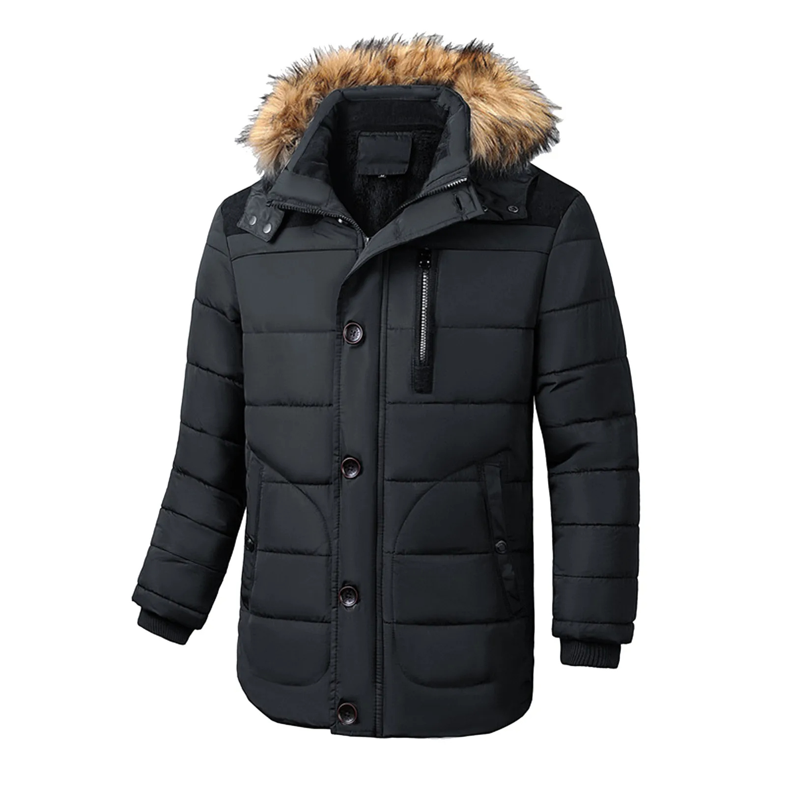 Men’s Parka Jacket – Water-Resistant Mid-Length – Faux Fur Hood – Zip Fastening