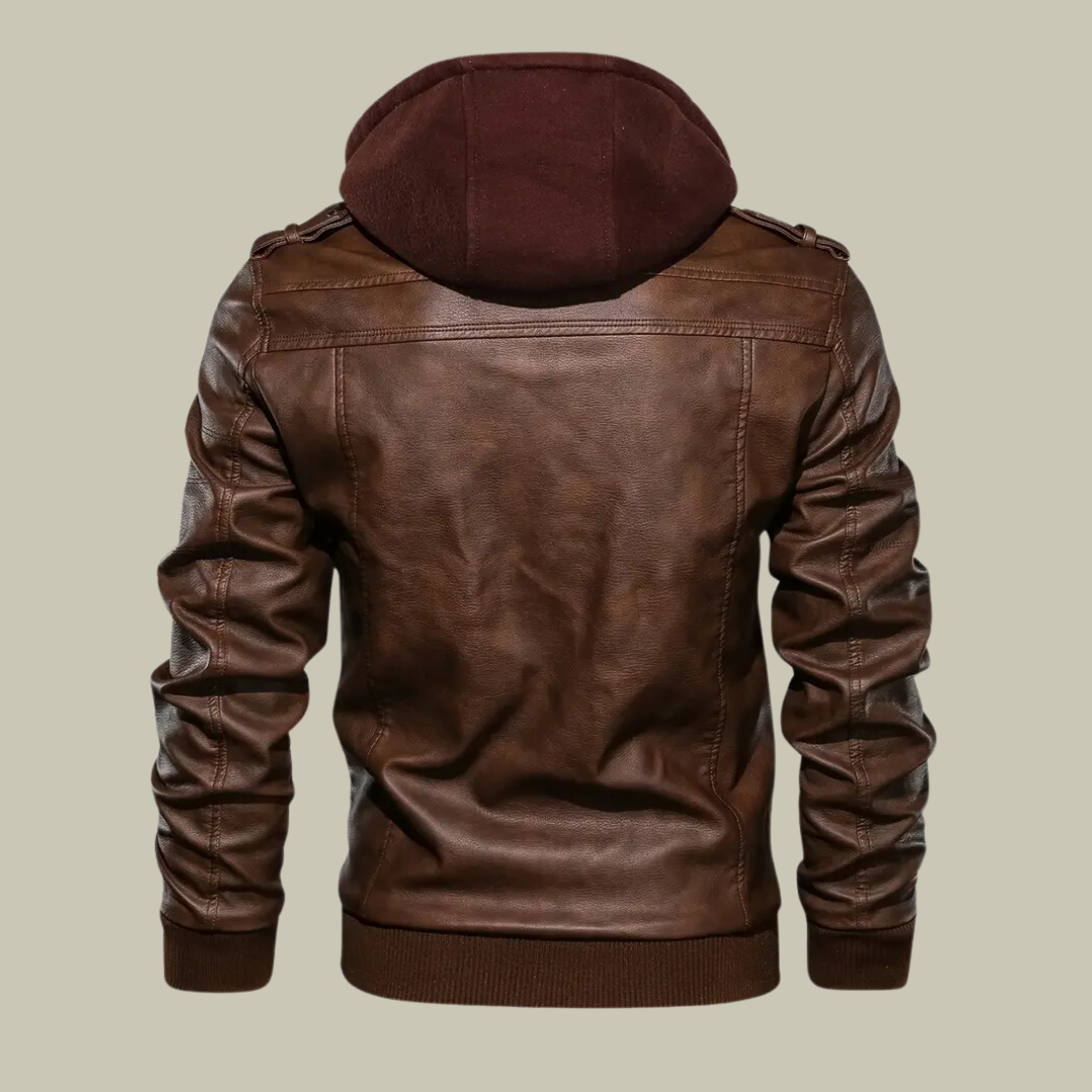 Men’s Leather Hoodie Jacket – Full Zip – Structured Fit – Ribbed Waist – Epaulettes