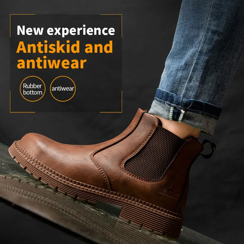 Men’s Chelsea Safety Boots - Leather - Slip-On - Elastic Side Panels - Durable Sole