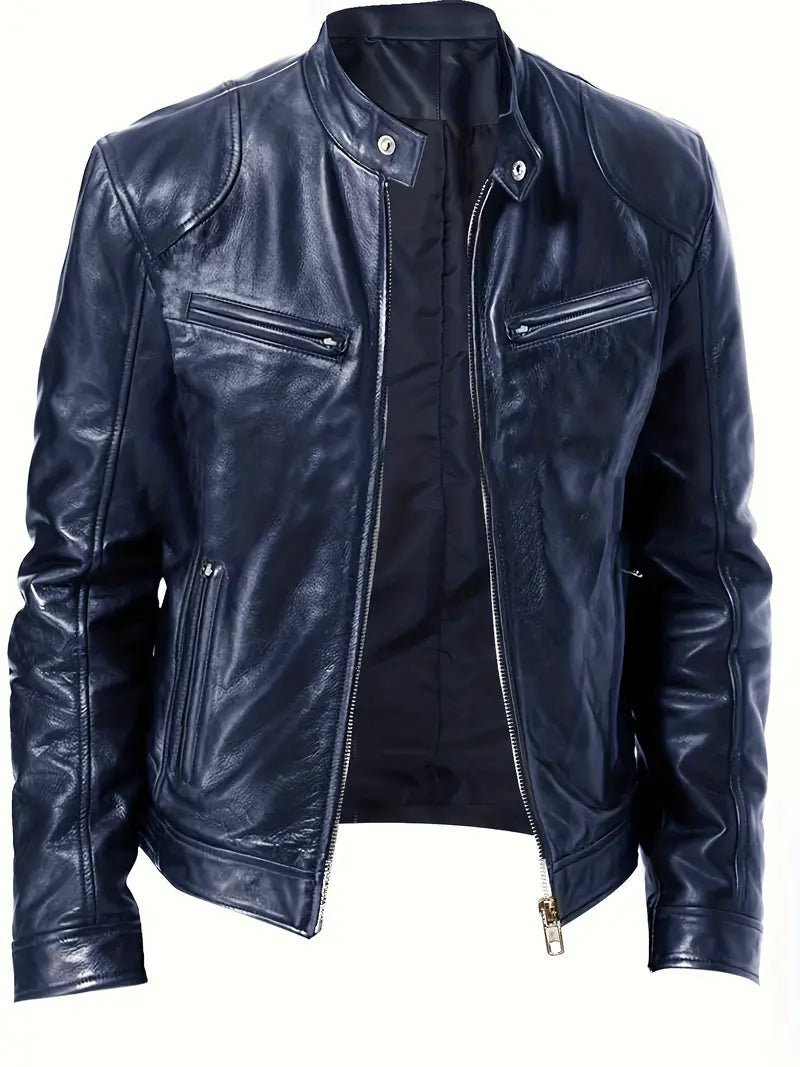 Men's Leather Jacket - Fitted Design - Stand Collar - Zip Closure - Stylish & Durable