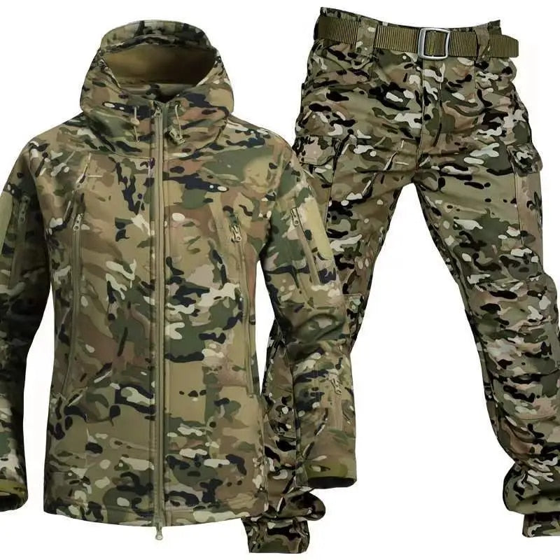 Men’s Two-Piece Set Outdoor Suit – Windproof Softshell Jacket and Pants – Utility Pockets – Regular Fit