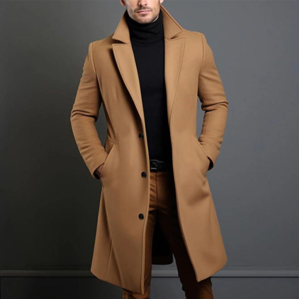Men’s Trench Coat – Wool Blend – Tailored Fit – Lapel Collar – Full Length Formal Wear