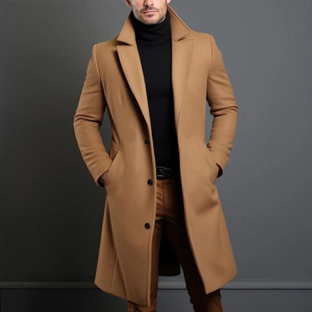 Men’s Trench Coat – Wool Blend – Tailored Fit – Lapel Collar – Full Length Formal Wear