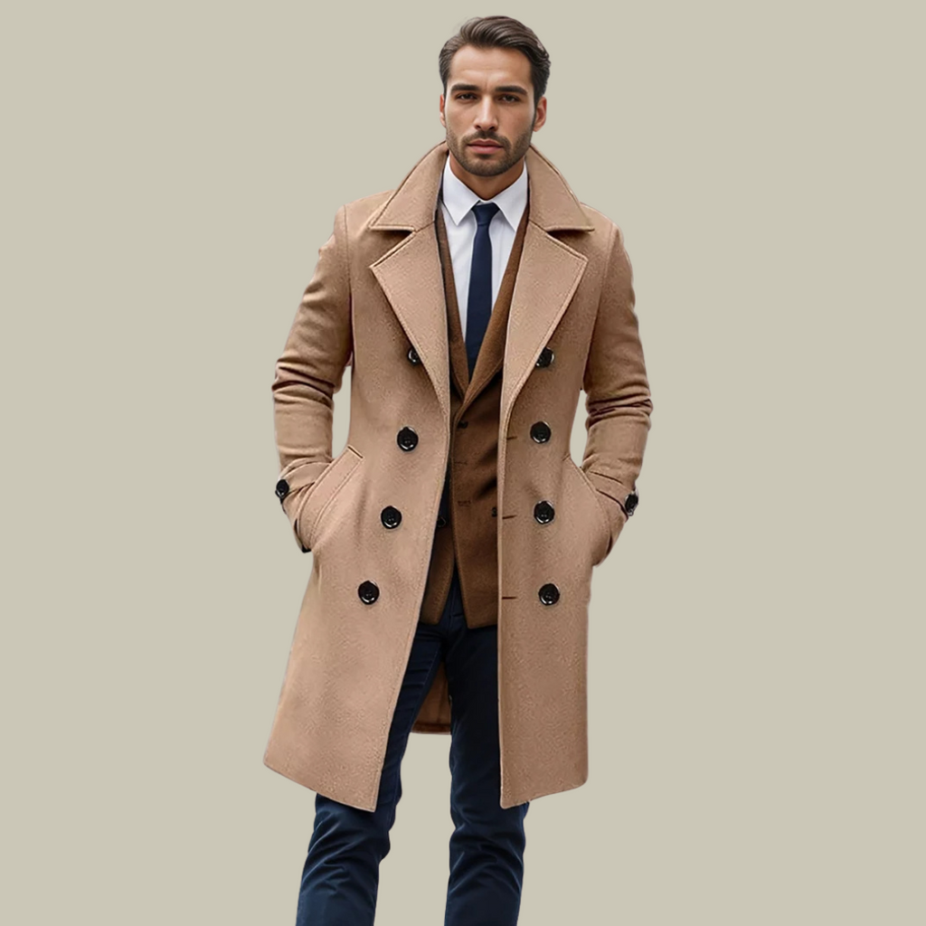 Men’s Long Coat – Wool Blend – Single Breasted – Tailored Fit – Formal Elegant Style