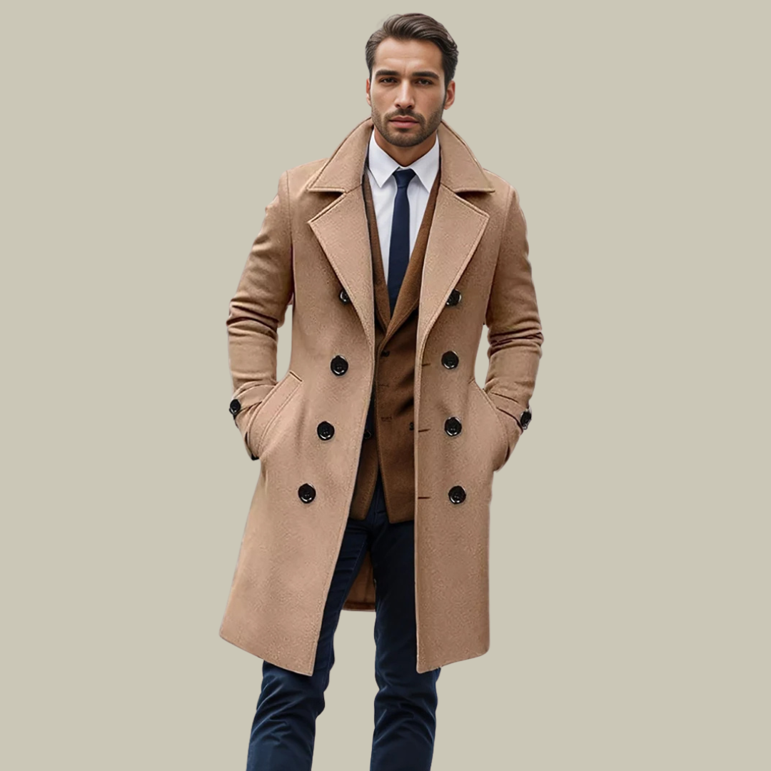 Men’s Long Coat – Wool Blend – Single Breasted – Tailored Fit – Formal Elegant Style