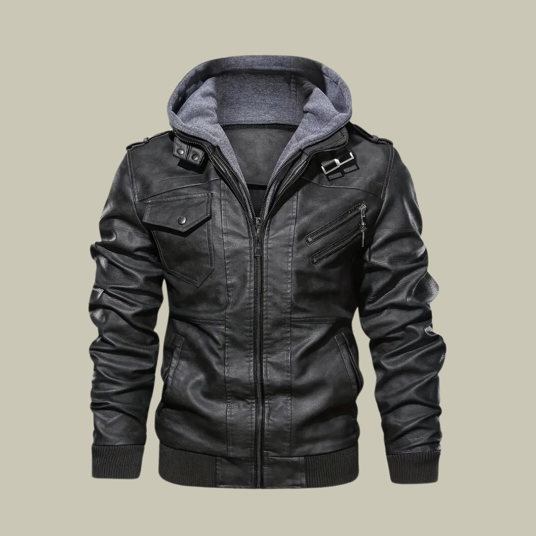 Men’s Leather Hoodie Jacket – Full Zip – Structured Fit – Ribbed Waist – Epaulettes