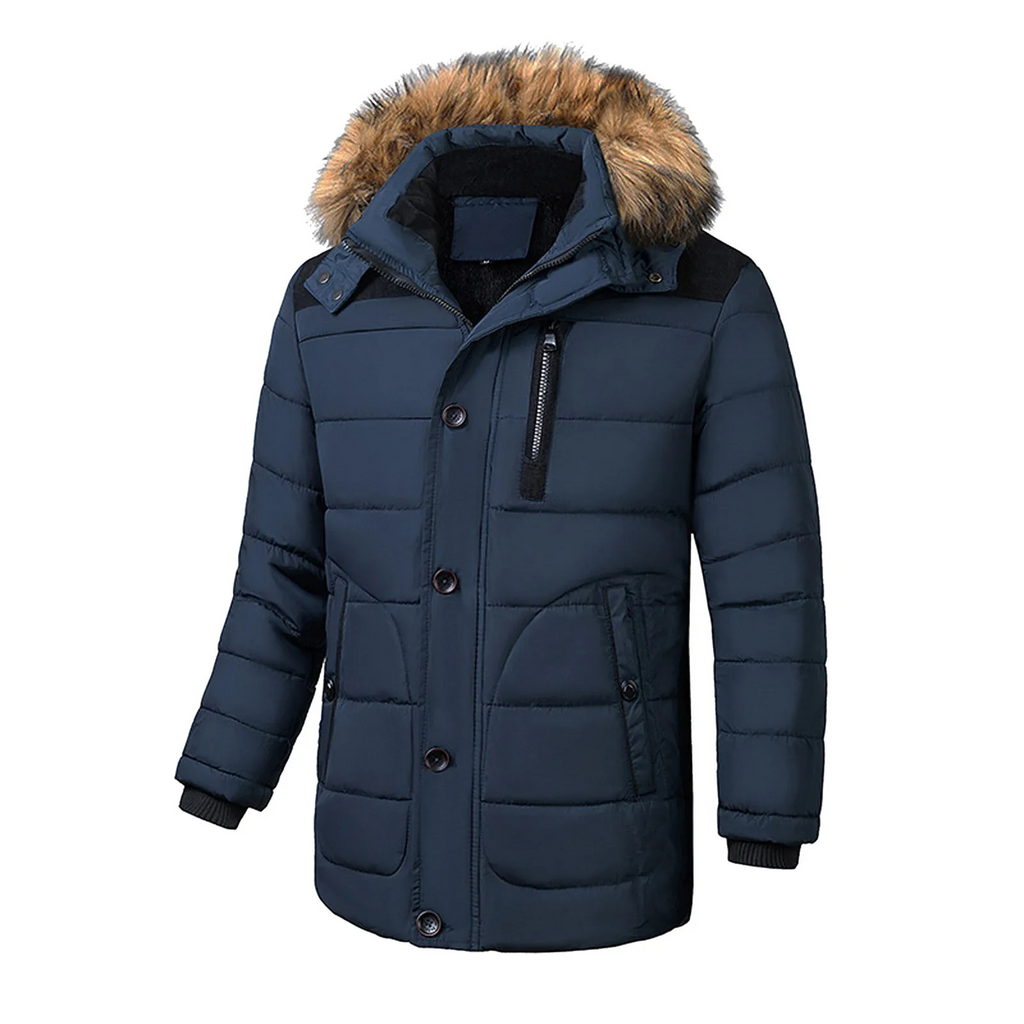 Men’s Parka Jacket – Water-Resistant Mid-Length – Faux Fur Hood – Zip Fastening