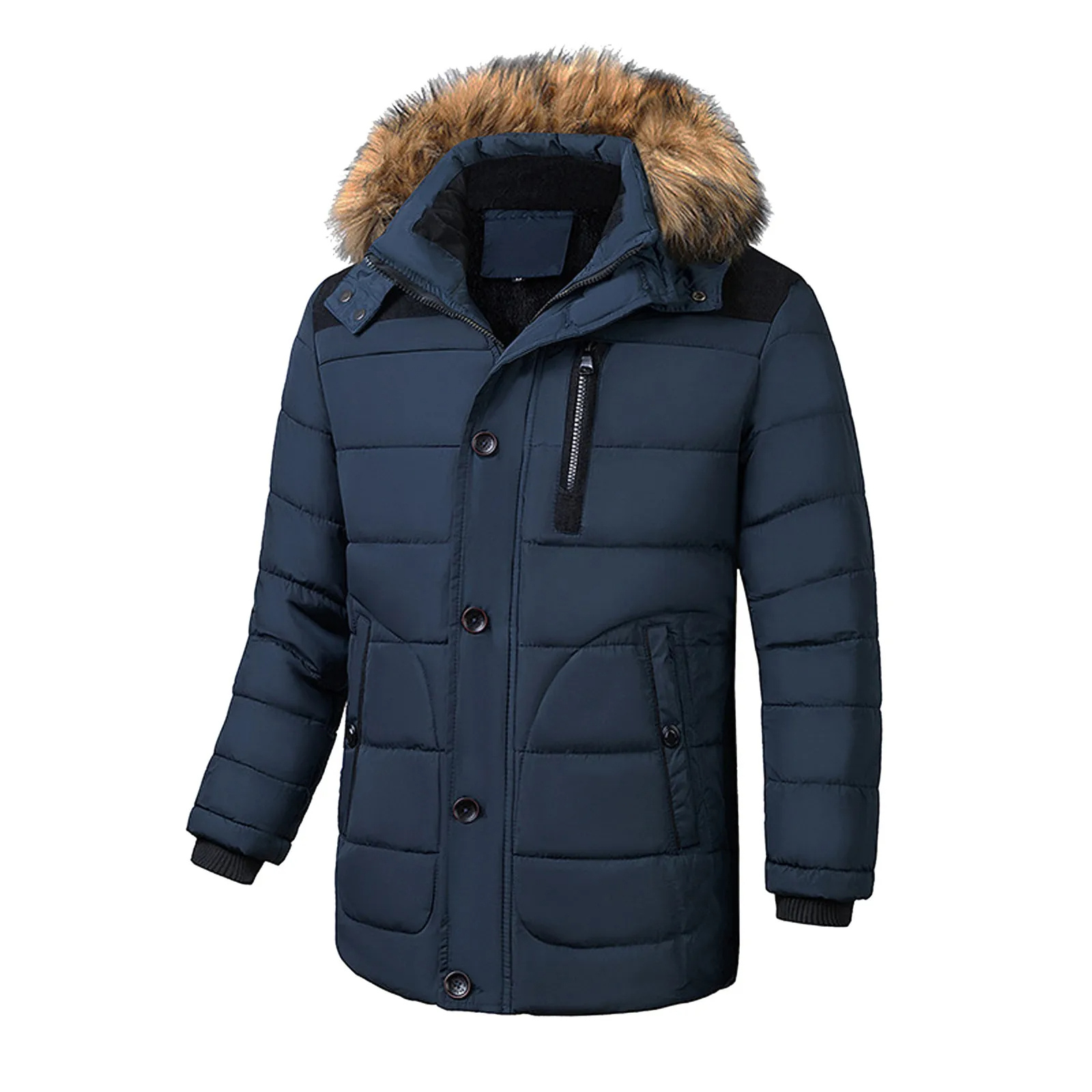 Men’s Parka Jacket – Water-Resistant Mid-Length – Faux Fur Hood – Zip Fastening
