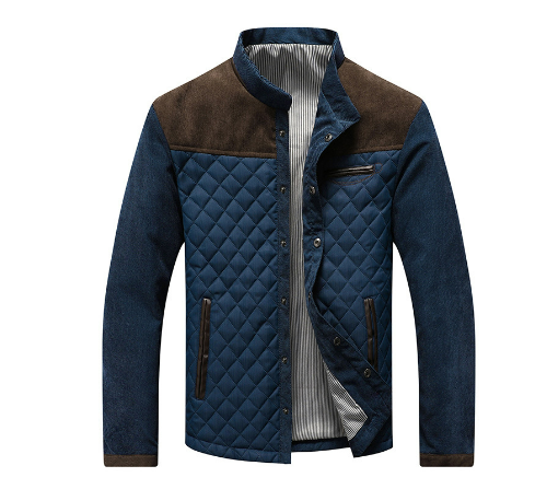 Men’s Quilted Jacket – Tailored Fit – High Collar – Contrast Shoulders – Zipper Closure