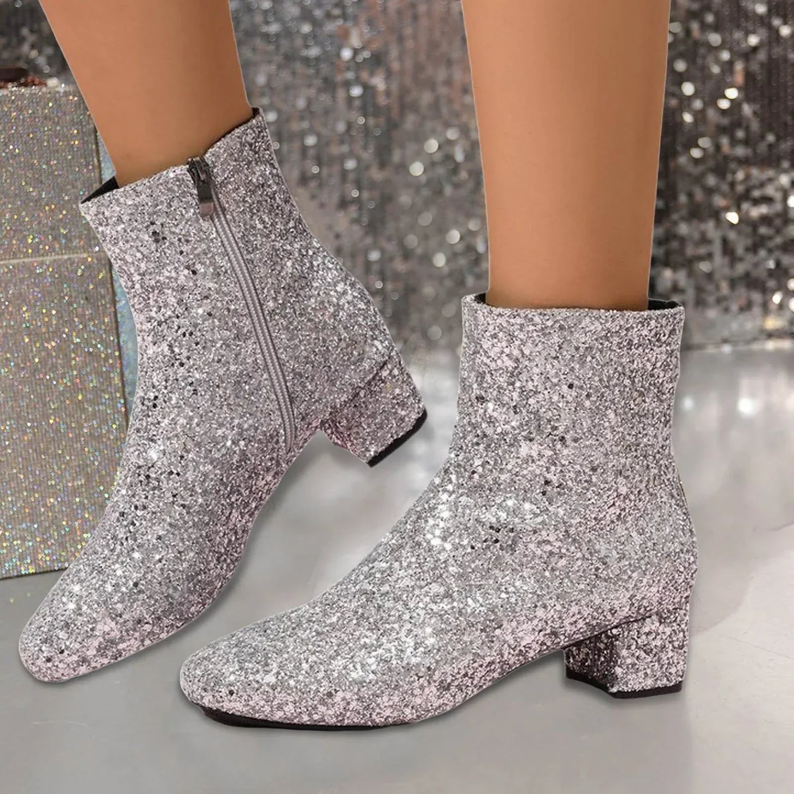 Glitter Ankle Boots for Women with Block Heel – Spring 2025 Collection