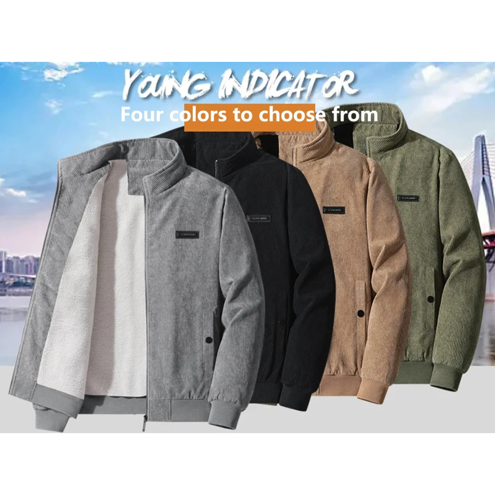 Men’s Quilted Casual Jacket – Relaxed Fit – Corduroy Texture – Zip Front – Stand Collar