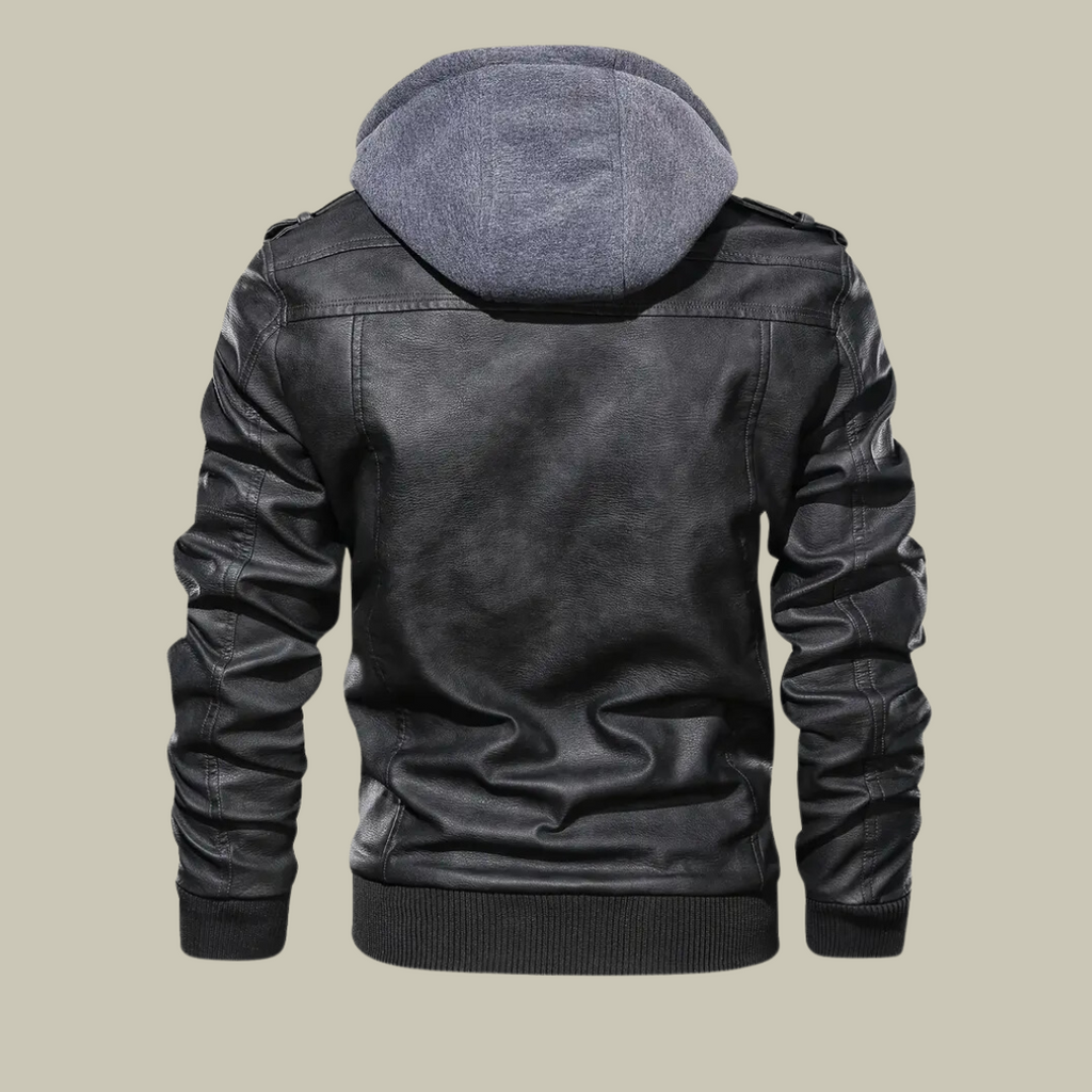 Men’s Leather Hoodie Jacket – Full Zip – Structured Fit – Ribbed Waist – Epaulettes